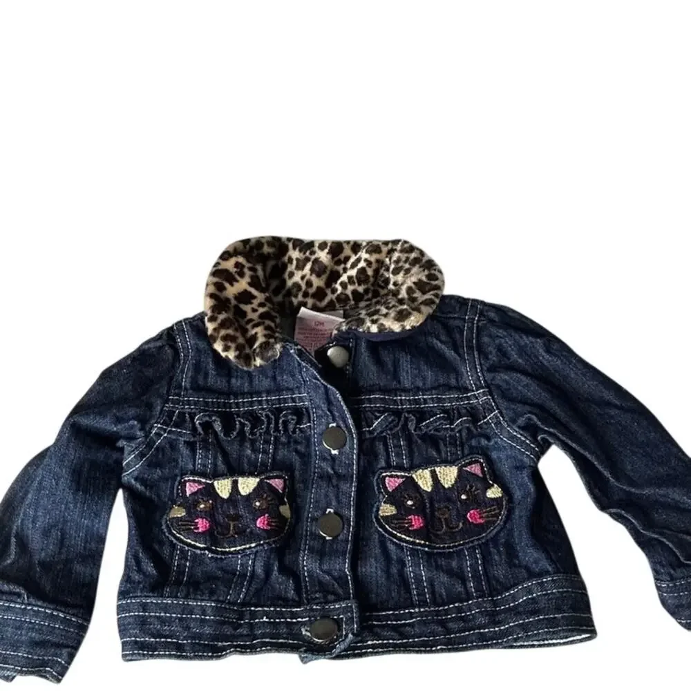 Nanette Kids sz 12 mth Dark denim jacket leopard collar embroidered cat face